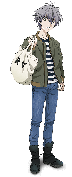 Anime picture 400x980 with neon genesis evangelion gainax nagisa kaworu single tall image fringe short hair hair between eyes standing holding full body light smile grey hair open jacket grey eyes striped transparent background boy jacket bag