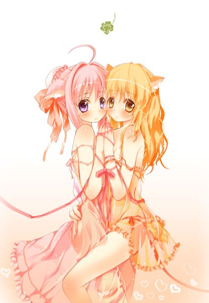 Anime picture 1316x1907 with dog days millhiore f biscotti ricotta elmar sodapop (iemaki) long hair tall image looking at viewer blush simple background blonde hair purple eyes multiple girls animal ears pink hair animal tail orange eyes hug transparent dog ears dog tail