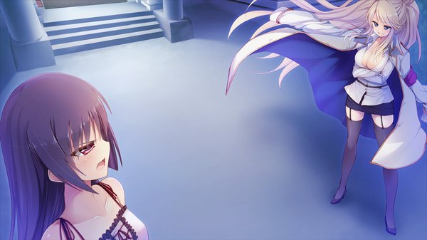 Anime picture 1280x720 with aisare roommate housenji yui long hair blush open mouth blue eyes red eyes wide image multiple girls game cg purple hair white hair girl thighhighs skirt black thighhighs 2 girls