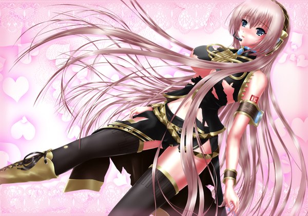 Anime picture 1600x1123 with vocaloid megurine luka nohoho (kakikonchi) long hair blue eyes light erotic pink hair very long hair torn clothes girl boots hairband headphones knee boots