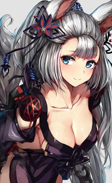 Anime picture 875x1430 with granblue fantasy socie (granblue fantasy) watao single long hair tall image looking at viewer blush fringe breasts blue eyes light erotic large breasts white background animal ears looking away cleavage silver hair upper body tail