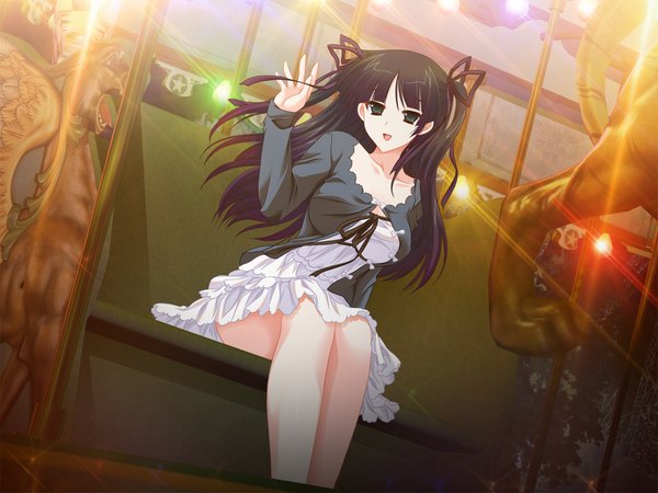 Anime picture 1024x768 with succubus no yuuutsu single long hair black hair sitting green eyes game cg wind girl dress ribbon (ribbons) hair ribbon