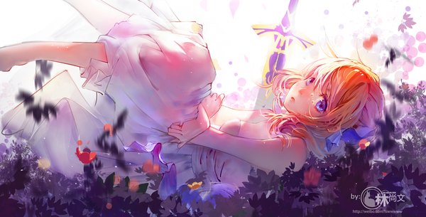 Anime picture 3000x1529 with fate (series) fate/unlimited codes artoria pendragon (all) saber lily mu mu shang wen single looking at viewer fringe highres breasts blue eyes hair between eyes wide image signed bent knee (knees) lying parted lips on back tears watermark