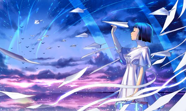 Anime picture 1166x700 with original aoiji single blush fringe short hair wide image standing holding blue hair sky cloud (clouds) eyes closed profile wind glowing reflection girl dress ribbon (ribbons)