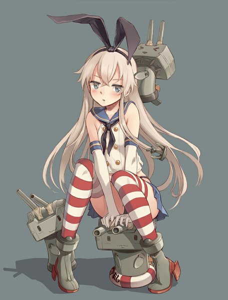 Anime picture 760x1000 with kantai collection shimakaze destroyer rensouhou-chan supertie long hair tall image blush blue eyes light erotic simple background blonde hair shadow :3 > < girl thighhighs bow weapon hair bow miniskirt