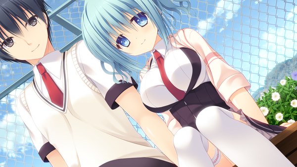 Anime picture 1280x720 with sora tobu hitsuji to manatsu no hana kirisame yuu hazumi rio short hair blue eyes black hair smile wide image sitting blue hair game cg black eyes couple girl thighhighs dress boy uniform school uniform white thighhighs