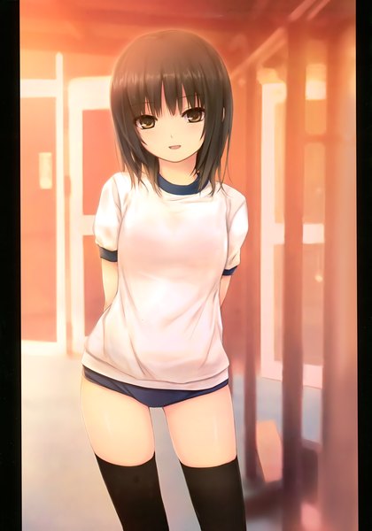 Anime picture 2448x3500 with original aoyama sumika coffee-kizoku single tall image looking at viewer highres short hair open mouth black hair brown hair brown eyes scan girl thighhighs uniform black thighhighs gym uniform buruma