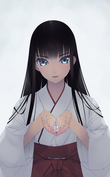 Anime picture 1000x1600 with original murakami suigun single long hair tall image looking at viewer blue eyes black hair simple background white background holding traditional clothes japanese clothes miko new year happy new year girl hakama omikuji