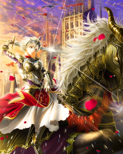 Anime picture 1188x1487 with original doora (dora0913) single tall image short hair blue eyes blonde hair looking away cloud (clouds) girl dress weapon petals sword armor dragon castle horse