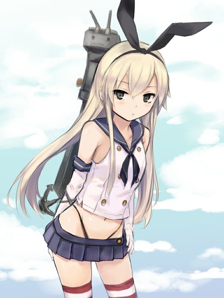 Anime picture 768x1024 with kantai collection shimakaze destroyer rensouhou-chan coffee-kizoku single long hair tall image looking at viewer blush light erotic blonde hair animal ears cloud (clouds) black eyes midriff fake animal ears arm behind back girl thighhighs gloves