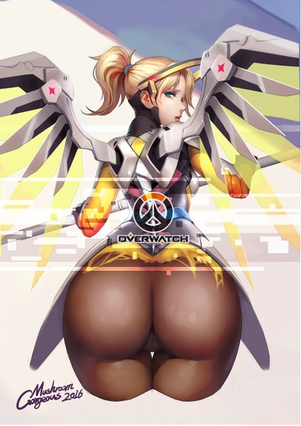 Anime picture 3751x5305 with overwatch blizzard entertainment mercy (overwatch) gorgeous mushroom single long hair tall image looking at viewer highres blue eyes light erotic simple background blonde hair holding signed absurdres ass ponytail parted lips looking back