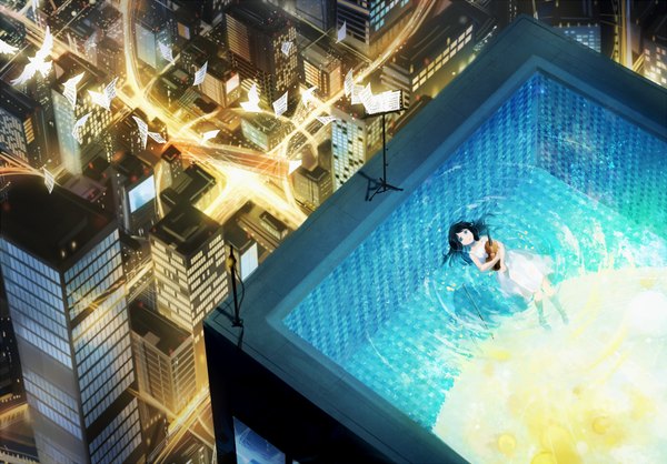 Anime picture 1150x802 with original domik single long hair looking at viewer blue eyes black hair bare shoulders holding full body barefoot from above wind bare legs partially submerged city reflection cityscape flying city lights
