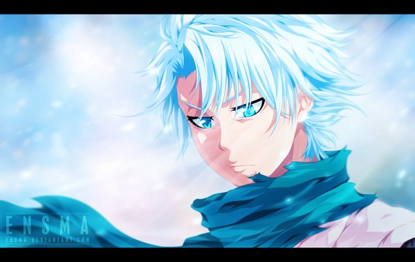 Anime picture 2000x1264 with bleach studio pierrot hitsugaya toushirou ensma single highres short hair blue eyes sky cloud (clouds) white hair sunlight coloring boy scarf