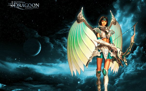 Anime picture 1680x1050 with legend of dragoon single short hair brown hair wide image cloud (clouds) space 3d mechanical wings girl skirt weapon wings armor moon dragon bow (weapon) planet