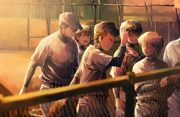 Anime picture 1500x982 with daiya no ace production i.g kominato ryosuke miyuki kazuya sawamura eijun kuramochi youichi furuya satoru kominato ryousuke tsun0330 fringe short hair open mouth smile brown hair looking away pink hair eyes closed looking back multiple boys teeth