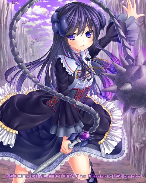 Anime picture 800x1000 with original ichimatsu nana single long hair tall image looking at viewer purple eyes purple hair horn (horns) girl dress weapon spikes