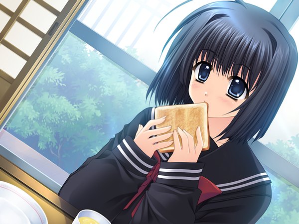 Anime picture 1200x900 with oretachi ni tsubasa wa nai haneda kobato blue eyes black hair game cg ahoge eating girl serafuku food toast