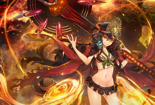 Anime picture 1400x950 with fate (series) fate/grand order oda nobunaga (fate) (all) oda nobunaga (swimsuit berserker) (fate) teddy (khanshin) single looking at viewer fringe open mouth light erotic black hair smile hair between eyes standing holding very long hair parted lips :d arm up wind