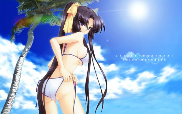 Anime picture 1400x875 with little busters! key (studio) kurugaya yuiko long hair breasts light erotic black hair wide image purple eyes ass ponytail looking back wallpaper underboob tying swimsuit plant (plants) bikini tree (trees) white bikini