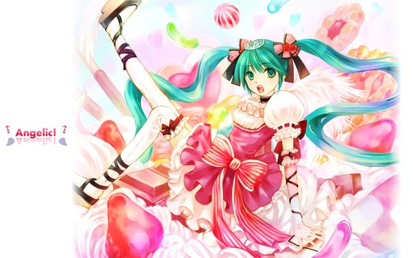 Anime picture 1920x1200 with vocaloid hatsune miku highres open mouth wide image twintails aqua hair alternate costume wallpaper zettai ryouiki white wings singing girl thighhighs dress gloves hair ornament bow hair bow wings