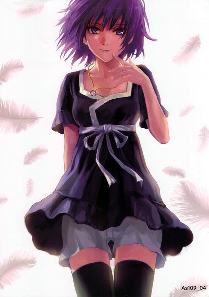 Anime picture 4677x6656 with bakemonogatari shaft (studio) monogatari (series) senjougahara hitagi as109 single tall image looking at viewer highres short hair purple eyes absurdres purple hair scan zettai ryouiki finger to mouth girl thighhighs dress black thighhighs