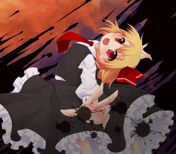 Anime picture 1600x1400 with touhou rumia yami nabe (artist) short hair open mouth blonde hair red eyes teeth fang (fangs) dark background girl dress skirt necktie skirt set
