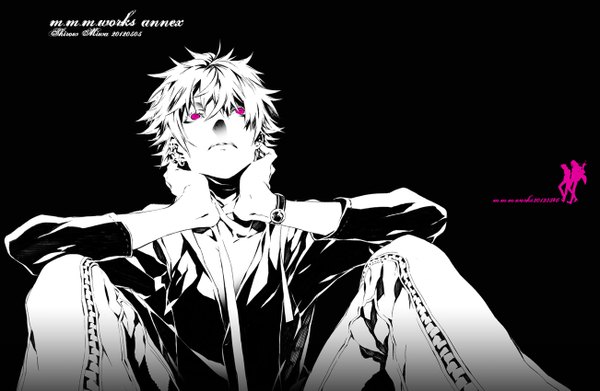 Anime picture 1302x849 with dogs: bullets & carnage david production haine rammsteiner miwa shirow single short hair open mouth simple background sitting white hair pink eyes inscription arm support official art teeth from below piercing black background monochrome open collar
