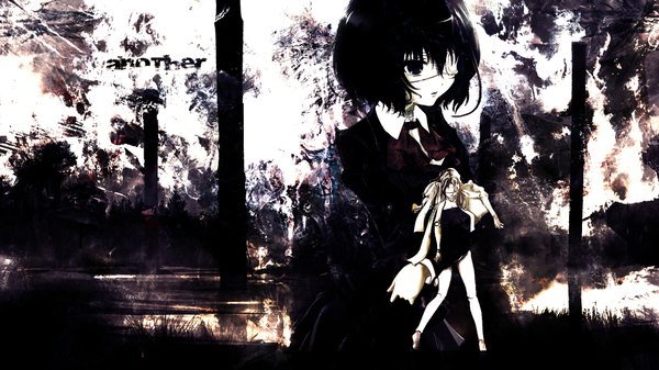 Anime picture 1920x1080 with another p.a. works misaki mei single highres short hair black hair wide image inscription monochrome girl uniform school uniform eyepatch doll (dolls)