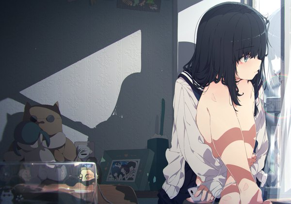 Anime picture 4096x2877 with original ogipote single long hair blush fringe highres blue eyes black hair hair between eyes sitting holding looking away absurdres bent knee (knees) indoors profile barefoot bare legs shadow