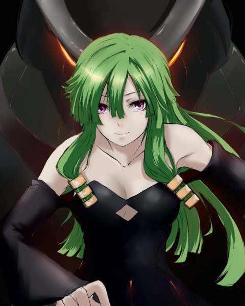 Anime picture 1200x1500 with isekai no seikishi monogatari doll (isekai no seikishi monogatari) minato (shouno) single long hair tall image looking at viewer fringe breasts hair between eyes large breasts standing purple eyes bare shoulders payot cleavage upper body green hair light smile midriff