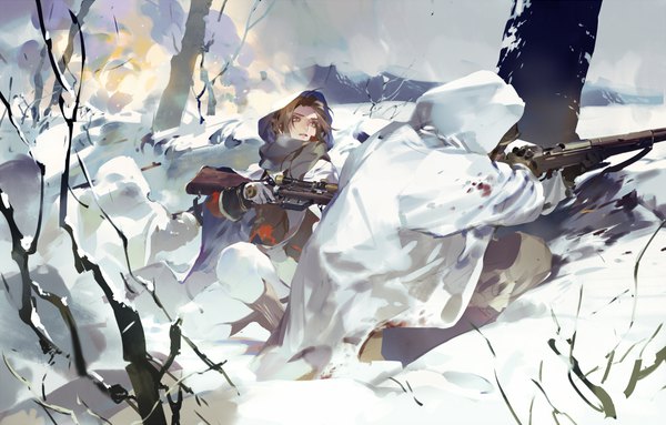 Anime picture 1000x639 with girls frontline lee-enfield (girls frontline) coralstone blonde hair holding looking away outdoors winter smoke snow mountain bare tree bloody clothes blood stains firing girl gloves weapon plant (plants) tree (trees)