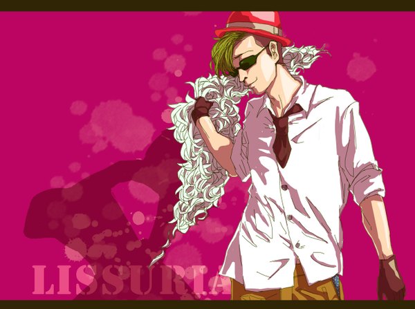 Anime picture 1340x1000 with katekyou hitman reborn lussuria pink background twisty sleeves varia boy gloves hat shirt necktie sunglasses boa