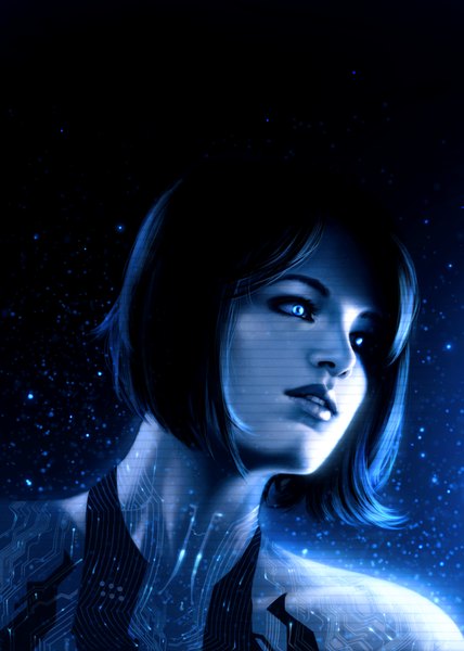 Anime picture 800x1120 with halo (game) cortana gothic-icecream single tall image short hair blue eyes black hair simple background bare shoulders parted lips lips realistic face science fiction girl