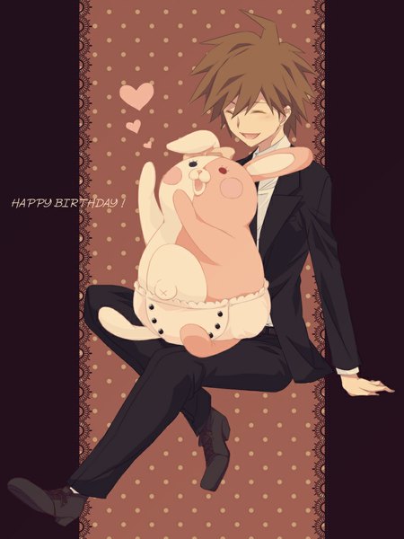 Anime picture 806x1075 with dangan ronpa super dangan ronpa 2 monomi naegi makoto mogiko tall image fringe short hair open mouth sitting eyes closed arm support polka dot happy birthday multicolored eyes spiked hair messy hair dark hair boy shirt