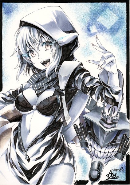 Anime picture 618x876 with kantai collection re-class battleship atoshi single tall image looking at viewer fringe short hair breasts open mouth light erotic simple background smile large breasts standing signed fingernails wind grey hair open clothes