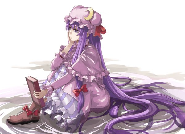 Anime picture 2421x1748 with touhou patchouli knowledge mr.dark single long hair looking at viewer highres purple eyes purple hair very long hair girl dress bow hair bow book (books) bonnet
