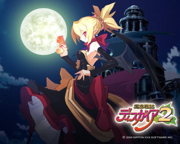 Anime picture 1280x1024 with disgaea makai senki disgaea 2 rozalin single looking at viewer blonde hair cloud (clouds) profile pink eyes pointy ears demon girl demon wings demon girl dress weapon detached sleeves wings gun moon