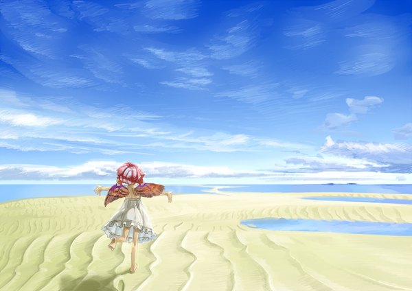 Anime picture 1500x1062 with touhou mystia lorelei shiba itsuki single short hair pink hair sky cloud (clouds) barefoot wind pointy ears beach back spread arms sand running girl dress earrings wings