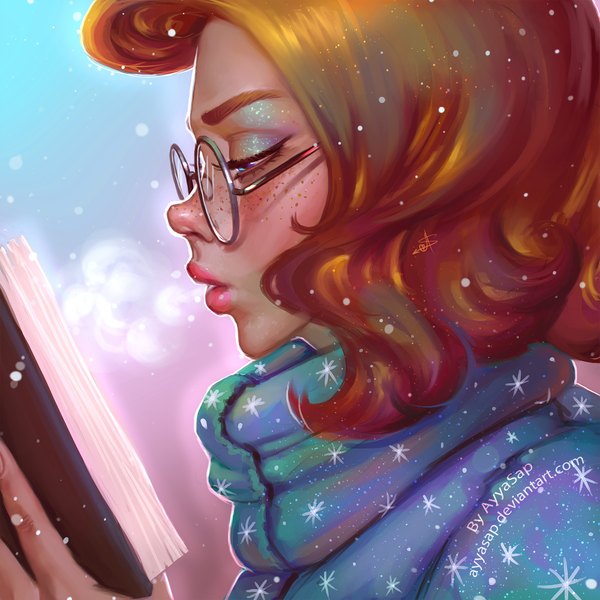 Anime picture 2000x2000 with ayyasap single highres short hair blue eyes blonde hair profile lips realistic close-up freckles girl glasses scarf book (books)