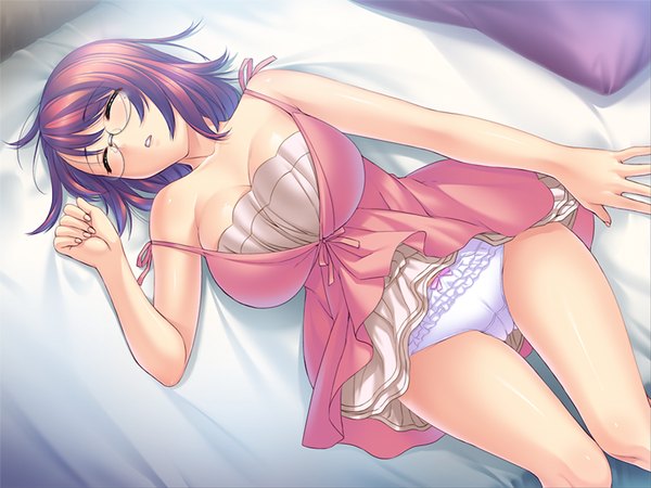 Anime picture 1024x768 with motto nee, chanto shiyou yo! afterstory ichijou touka short hair breasts light erotic game cg red hair eyes closed huge breasts sleeping girl underwear panties glasses