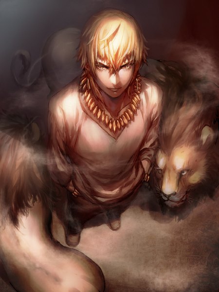 Anime picture 600x800 with fate (series) fate/stay night type-moon gilgamesh (fate) kitunen (artist) single tall image looking at viewer fringe short hair blonde hair smile yellow eyes from above lips hand in pocket smirk boy earrings animal