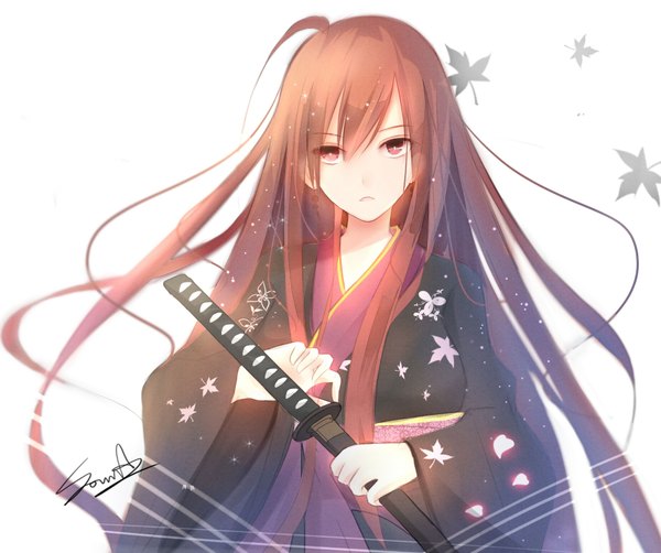 Anime picture 1850x1550 with original shiguru single long hair looking at viewer fringe highres simple background brown hair white background brown eyes signed ahoge long sleeves traditional clothes japanese clothes wide sleeves girl weapon sword