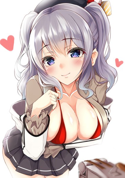 Anime picture 706x1000 with kantai collection kashima training cruiser hazuki gyokuto single long hair tall image looking at viewer blush fringe breasts blue eyes light erotic simple background smile hair between eyes large breasts white background twintails silver hair pleated skirt