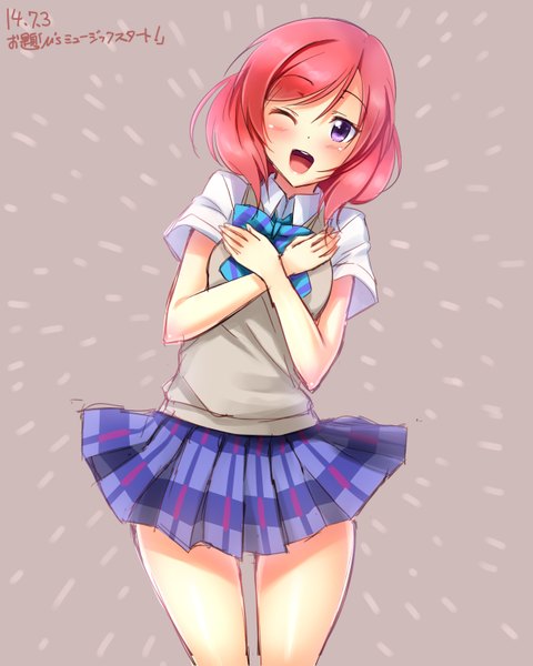 Anime picture 1240x1550 with love live! school idol project sunrise (studio) love live! nishikino maki yu-ta single tall image looking at viewer blush short hair open mouth smile purple eyes red hair pleated skirt one eye closed wink teeth crossed arms girl
