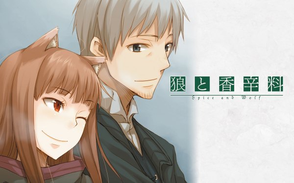 Anime picture 1280x800 with spice and wolf horo craft lawrence ayakura juu red eyes brown hair wide image animal ears silver hair one eye closed wink wallpaper