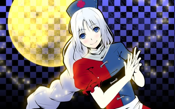 Anime picture 1600x1000 with touhou yagokoro eirin gayprince single long hair blue eyes wide image white hair checkered background girl moon nurse cap