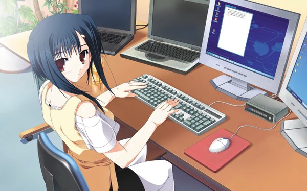 Anime picture 2800x1748 with purple software single long hair looking at viewer highres black hair wide image sitting brown eyes girl computer