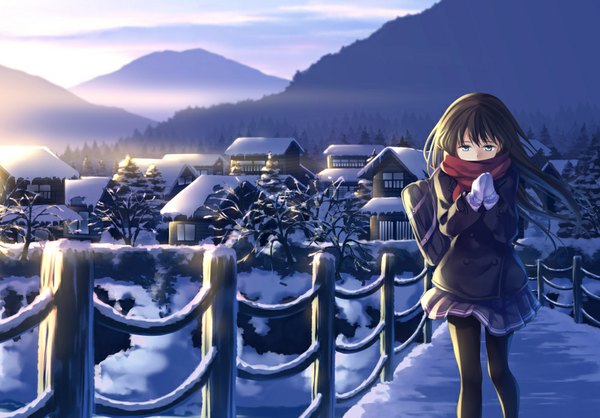 Anime picture 1000x697 with original yasuno (airy light) single long hair looking at viewer blue eyes black hair winter snow mountain cold girl skirt uniform school uniform scarf building (buildings) school bag house mittens