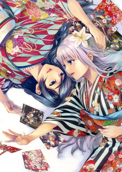 Anime picture 2344x3300 with original eshi 100-nin ten hiiro yuki long hair tall image blush highres open mouth blue eyes black hair multiple girls looking away white hair traditional clothes japanese clothes hair flower scan official art yagasuri girl