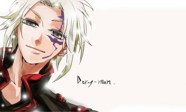 Anime picture 1000x600 with d.gray-man allen walker single looking at viewer short hair simple background wide image white background white hair light smile grey eyes snowing scar face silver eyes boy uniform fireflies